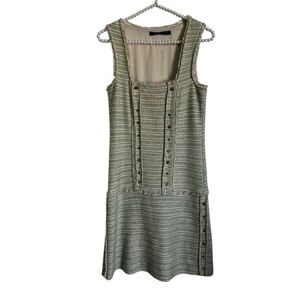 Zara Tweed Gold Metallic Sleeveless Square-Neck Mini Dress XS Mint Green - Picture 1 of 7